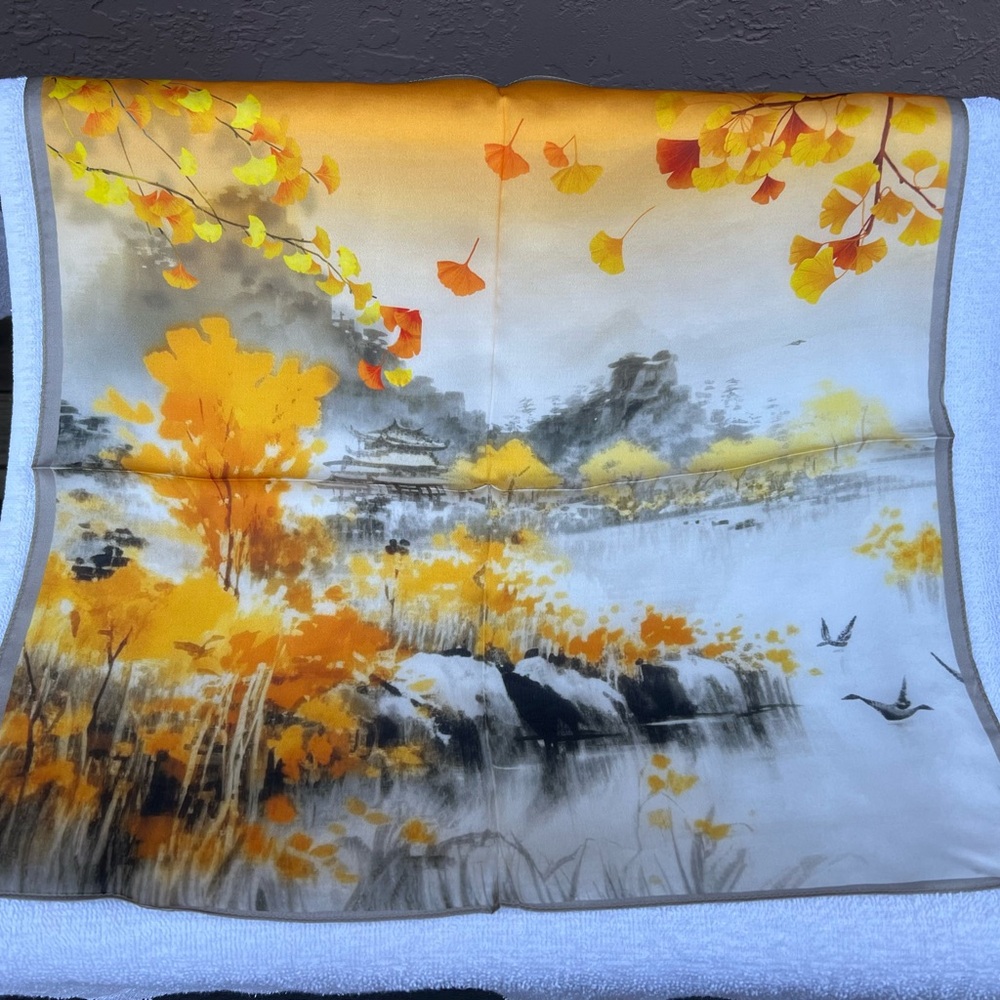 Brand new silk scarf-Autumn Landscape with Orange and Yellow Hues